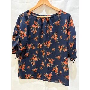 ALEX MARIE Navy Floral Print 3/4 Sleeve Tie Detail Blouse Women Large